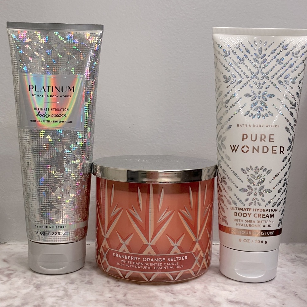 NWT!! Bath & Body Works Platinum & Pure Wonder Body Creams and White Barn Candle